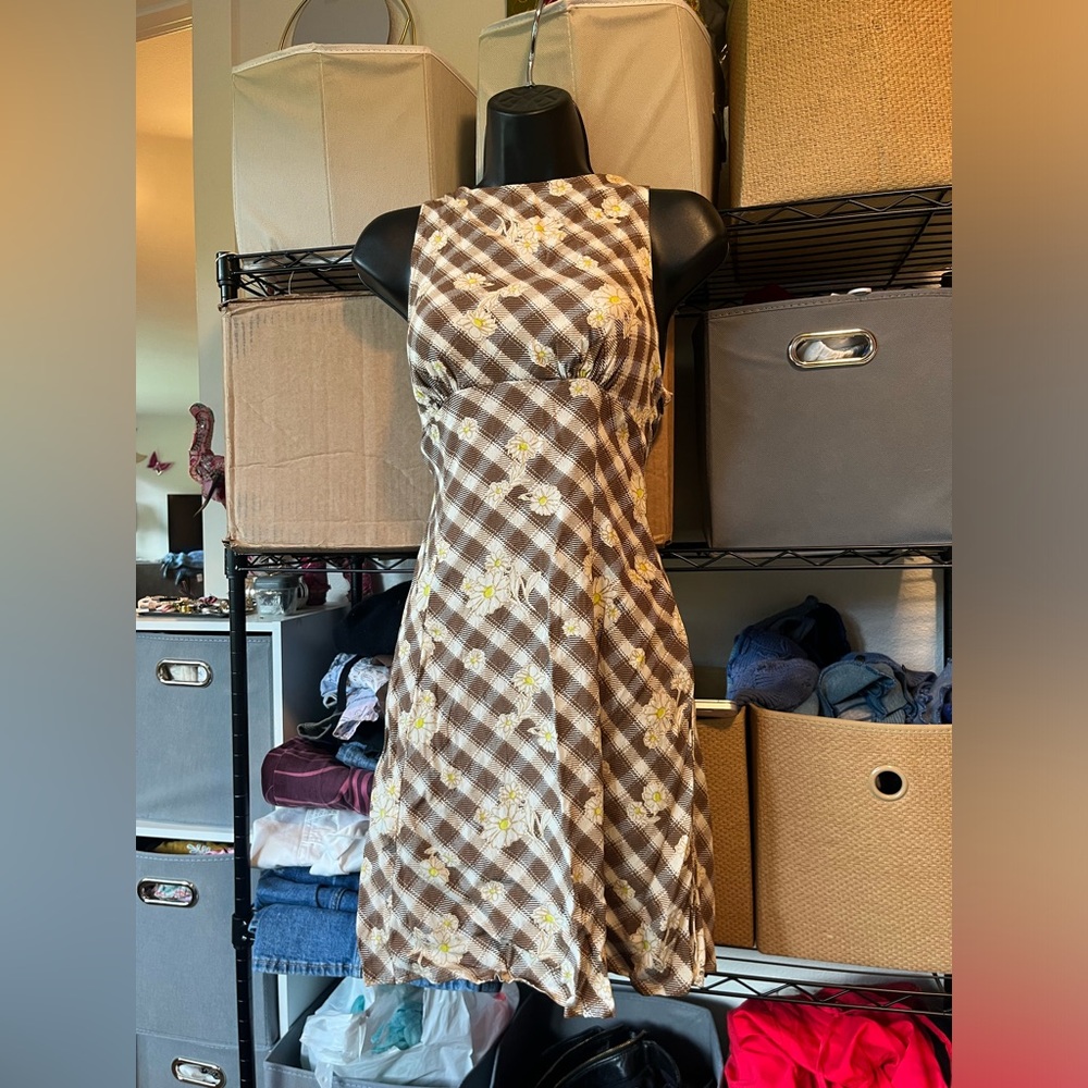 Kimchi Blue Brown Plaid Maxi Dress with Yellow Floral Accents